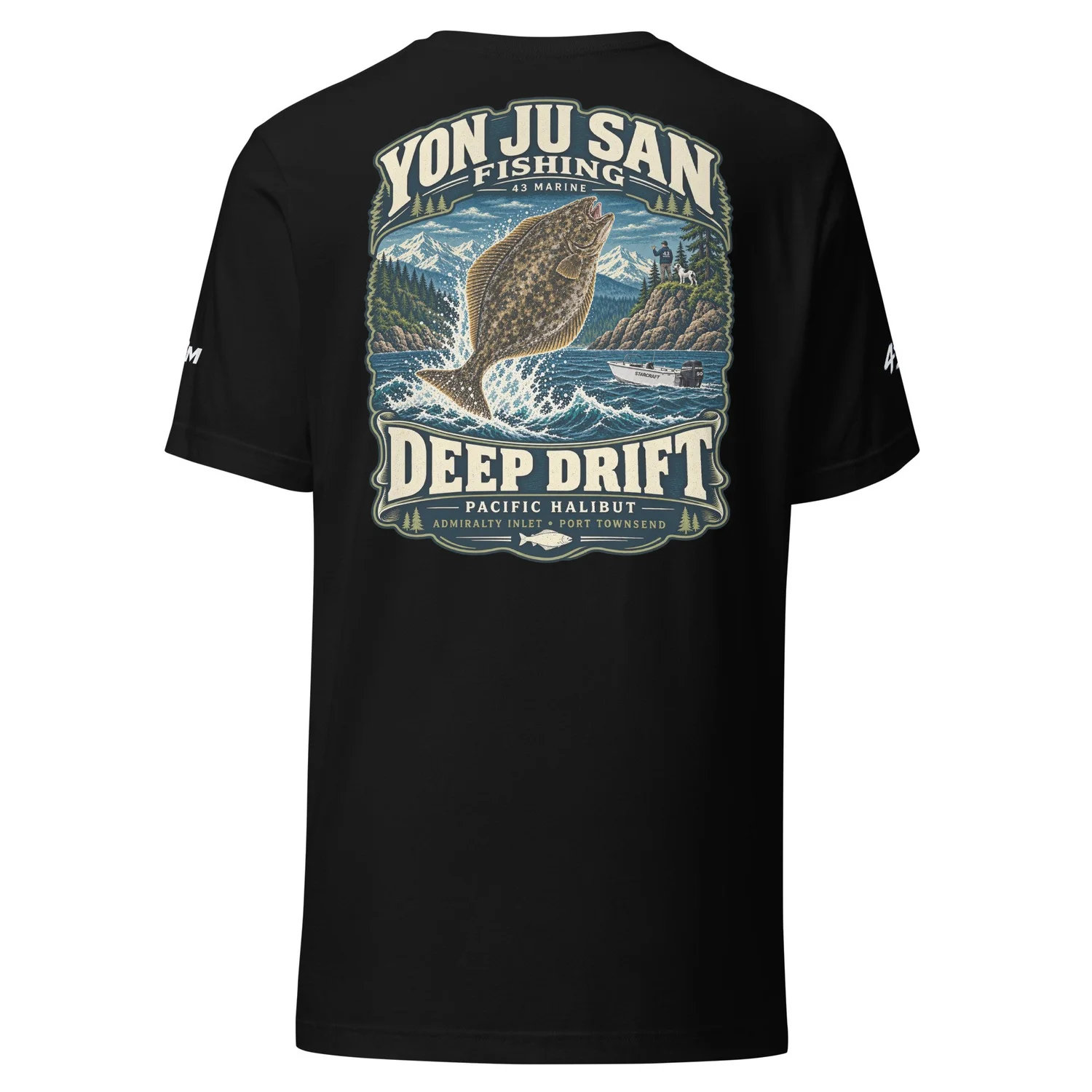 Deep Drift Pacific Halibut Tee — black tee, back artwork
