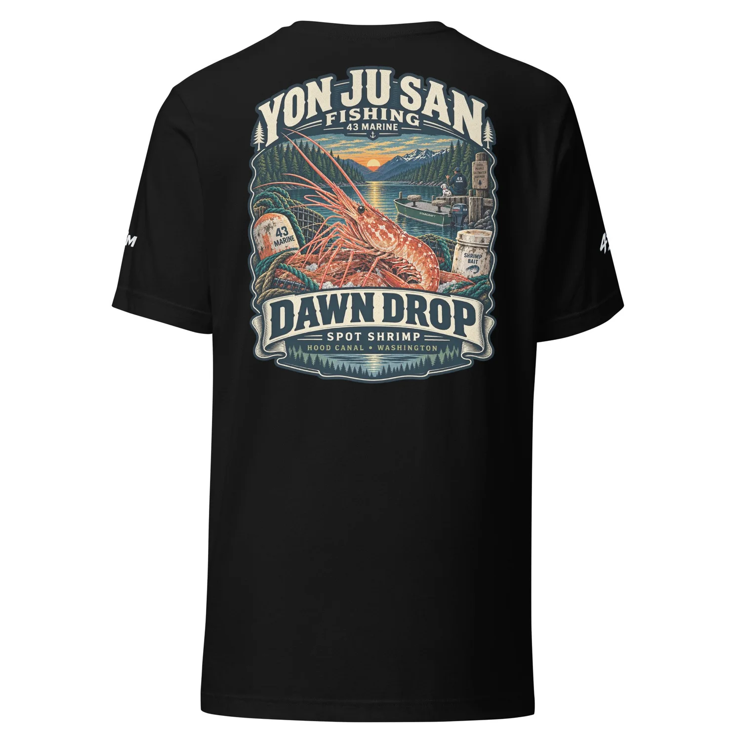 Dawn Drop Spot Shrimp Tee — black tee, back artwork