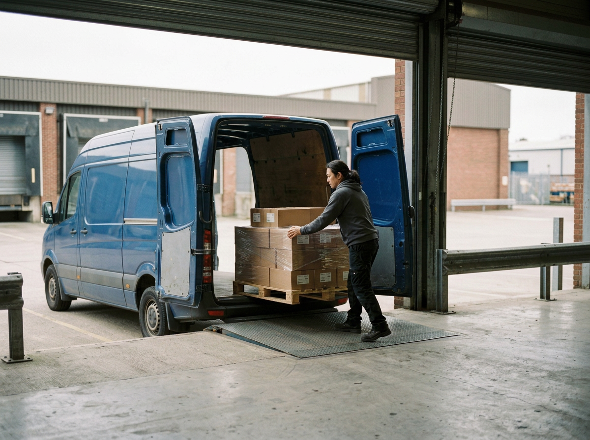A person loading boxes onto a wooden pallet from a blue delivery van inside a warehouse or loading dock.