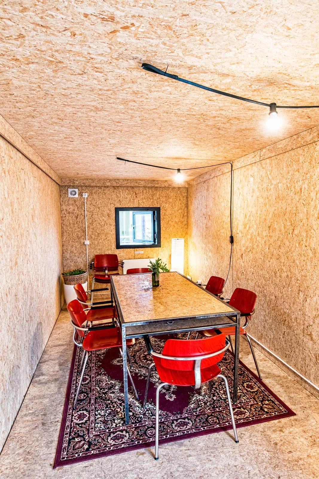 A small conference room with a rectangular table, six red chairs, a window, a potted plant, a lamp, and a patterned rug on the floor, with unfinished plywood walls and ceiling.