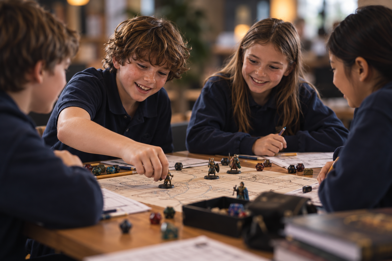 Four children playing a tabletop role-playing game with miniature figures and dice, smiling and engaging in the game.
