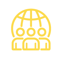 Icon of a globe with three people in front of it, representing global community or teamwork.