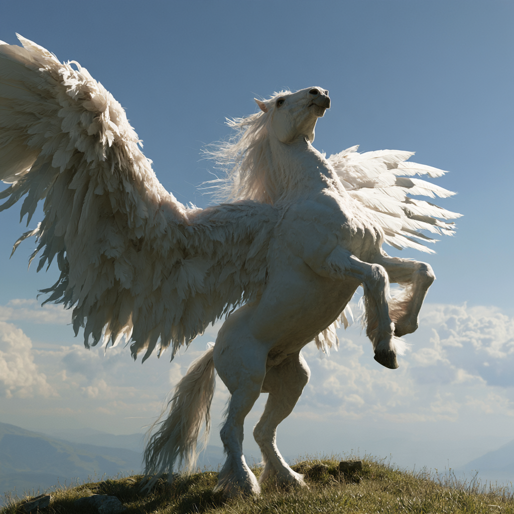 A white Pegasus with wings rearing up on a grassy hill against a partly cloudy sky.