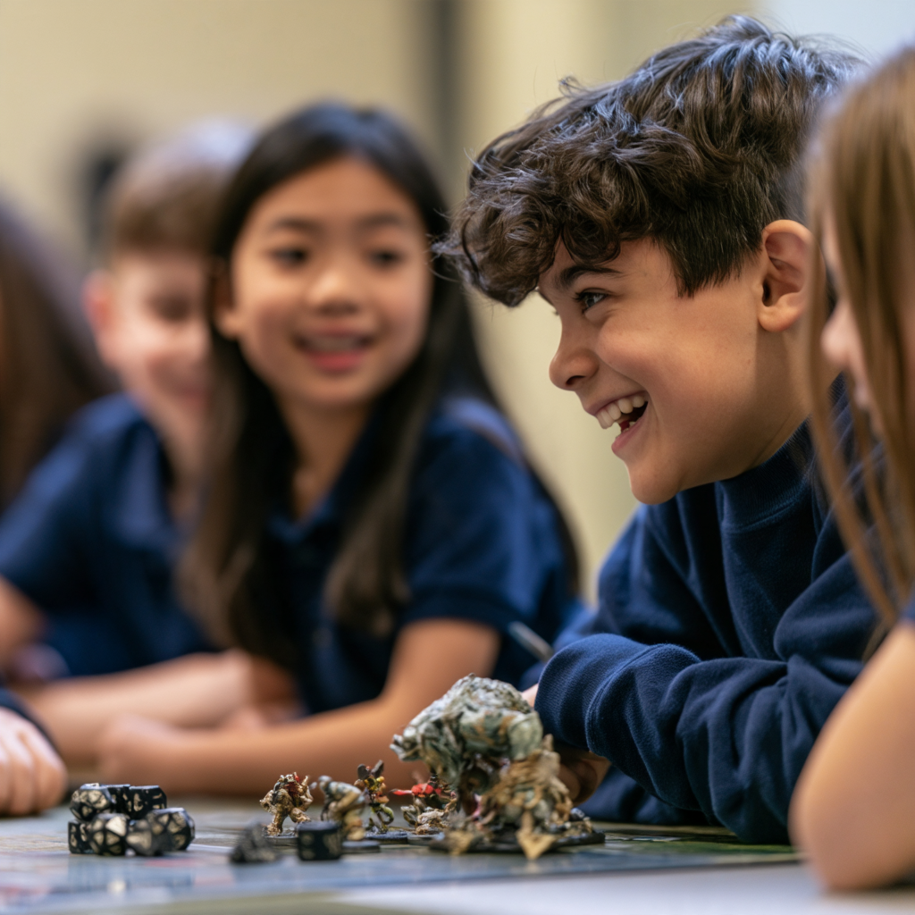 A group of children playing a board game with miniature figurines, with one boy smiling and engaging with the game, while other children look on.