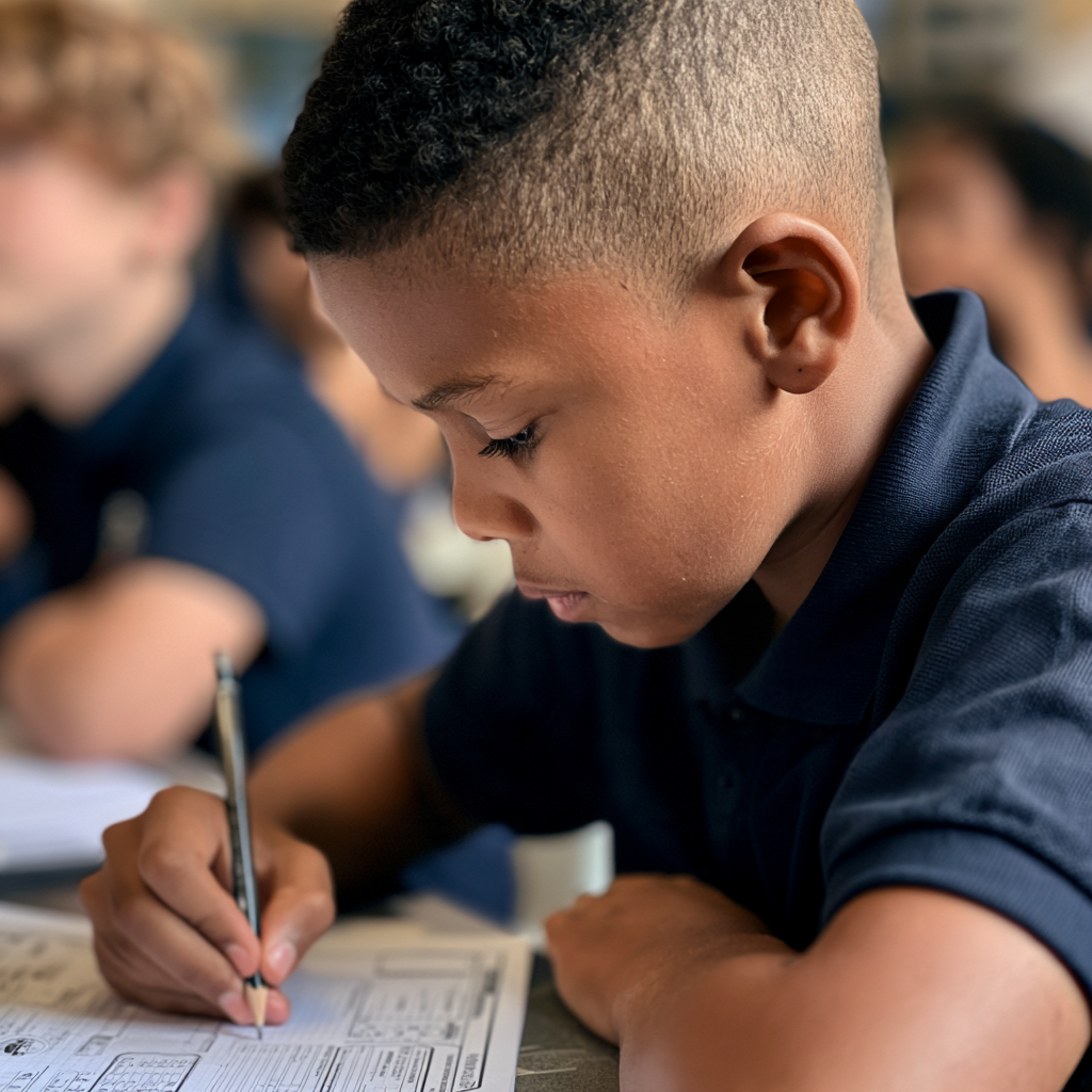 A young student with a close-cropped haircut is filling in his Dungeons and Dragons character sheet at a desk, with other students blurred in the background.