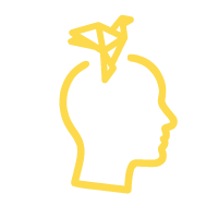Outline of a human head with a geometric shape in place of the brain, on a black background