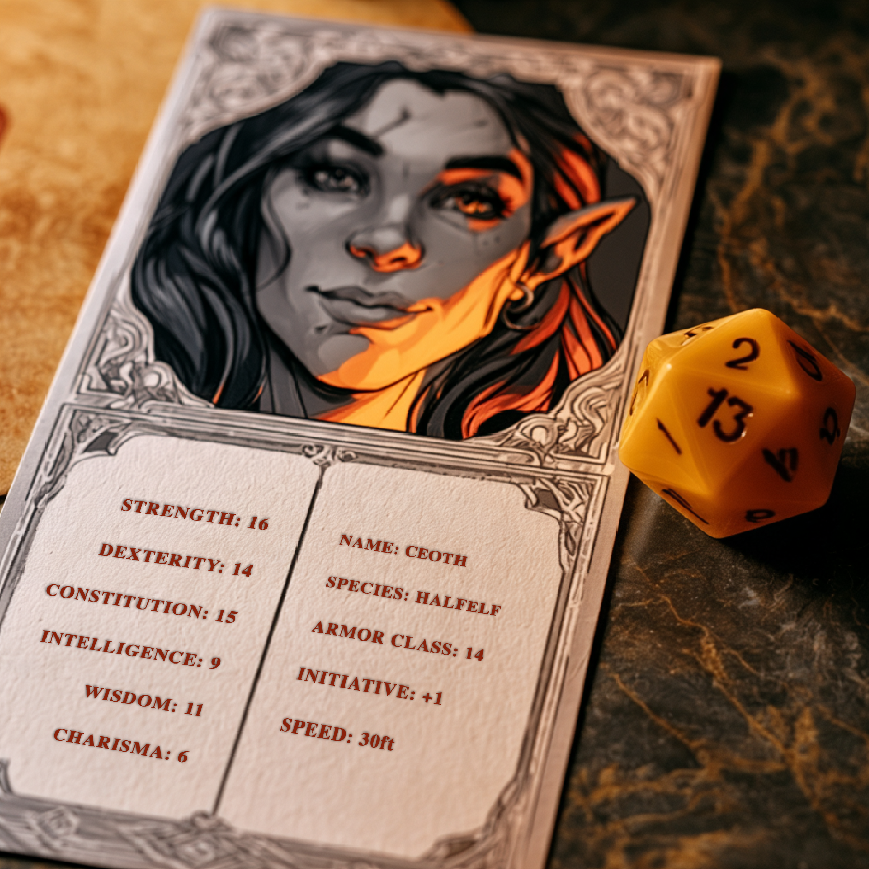 A fantasy character sheet featuring a portrait of an elf with long black and red hair, pointed ears, and detailed facial features. The sheet includes stats such as strength, dexterity, constitution, intelligence, wisdom, charisma, and other attributes. A yellow 20-sided die showing the number 13 is placed on the lower right corner of the sheet.
