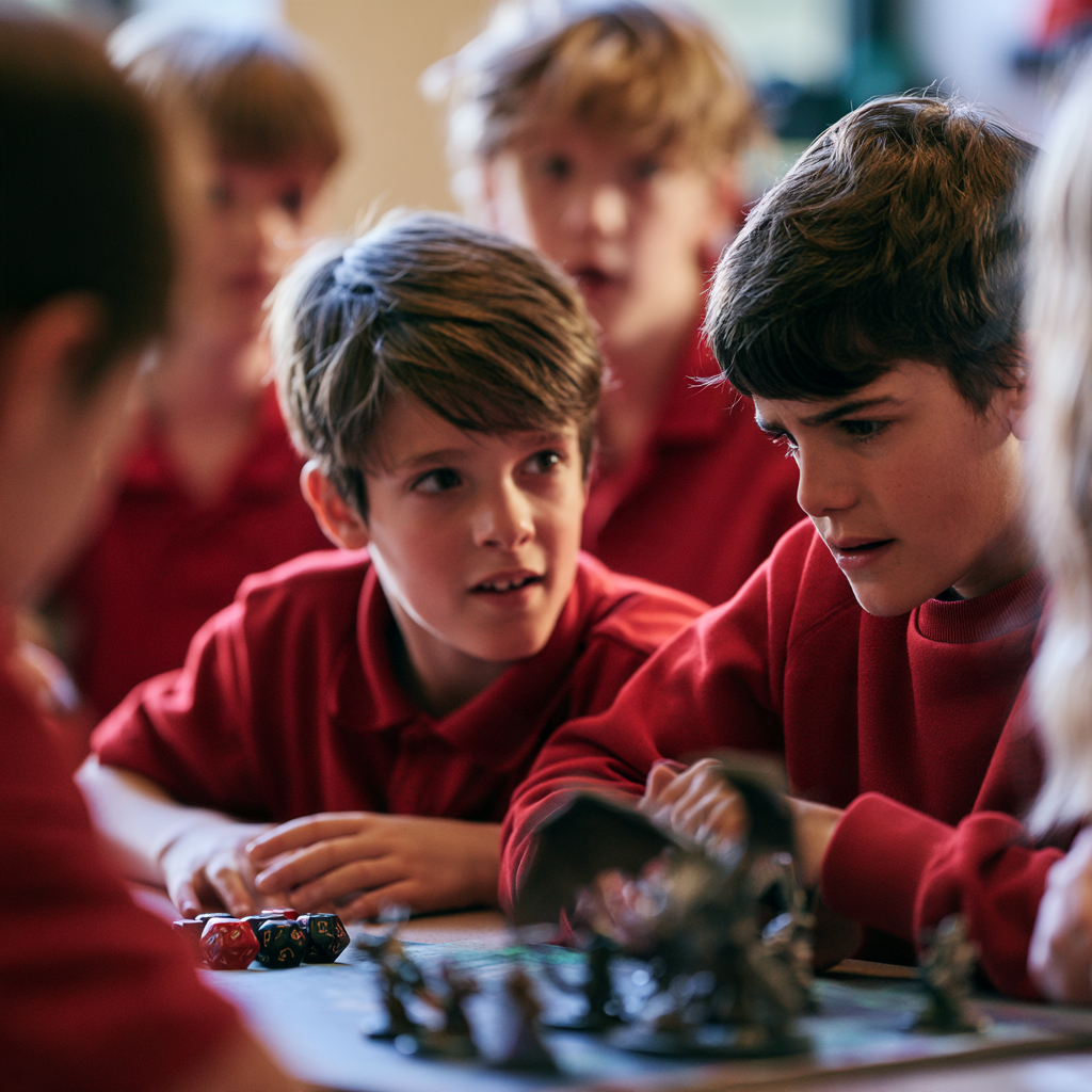A group of children sitting around a table playing a tabletop game, with colorful dice and game pieces visible.