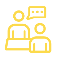 Icon of two people in a meeting or conversation, one speaking with a speech bubble