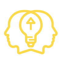 Illustration of two human heads facing opposite directions with a lightbulb and upward arrow between them, symbolizing ideas or thinking.