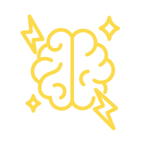 A yellow illustration of a brain with lightning bolts and sparkles surrounding it.