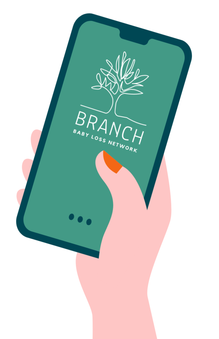 A hand holding a smartphone displaying the logo for BRANCH Baby Loss Network, featuring a stylized tree and the text 'BRANCH Baby Loss Network'.