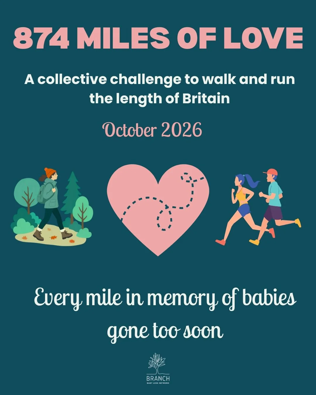 ❤️ 874 MILES OF LOVE ❤️

This October, we&rsquo;re coming together to walk, run and remember.

874 miles is the equivalent of the distance from Land&rsquo;s End to John O&rsquo;Groats - and we want to cover every one of them together, in memory of ba