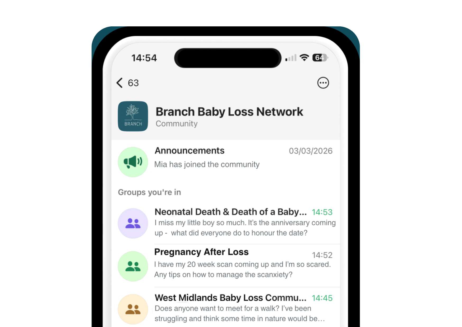 Screenshot of a mobile app displaying a community group named 'Branch Baby Loss Network,' showing recent announcements and discussion posts related to baby loss and grief support.