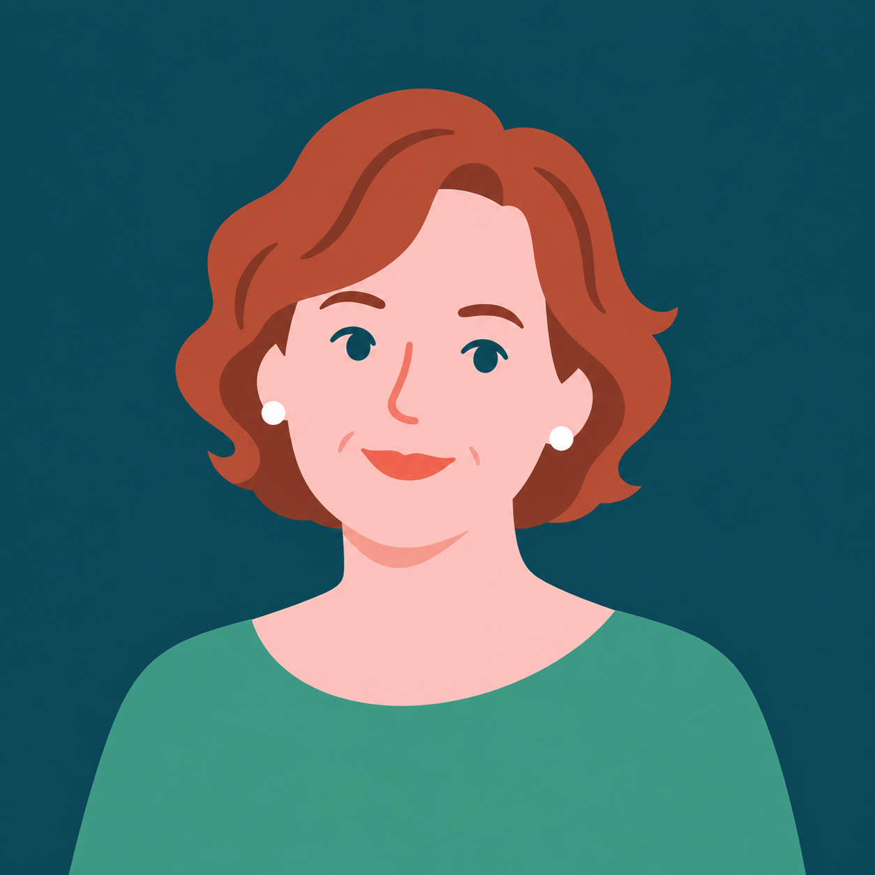 Digital illustration of a woman with wavy brown hair, wearing pearl earrings and a green top, smiling against a dark teal background.