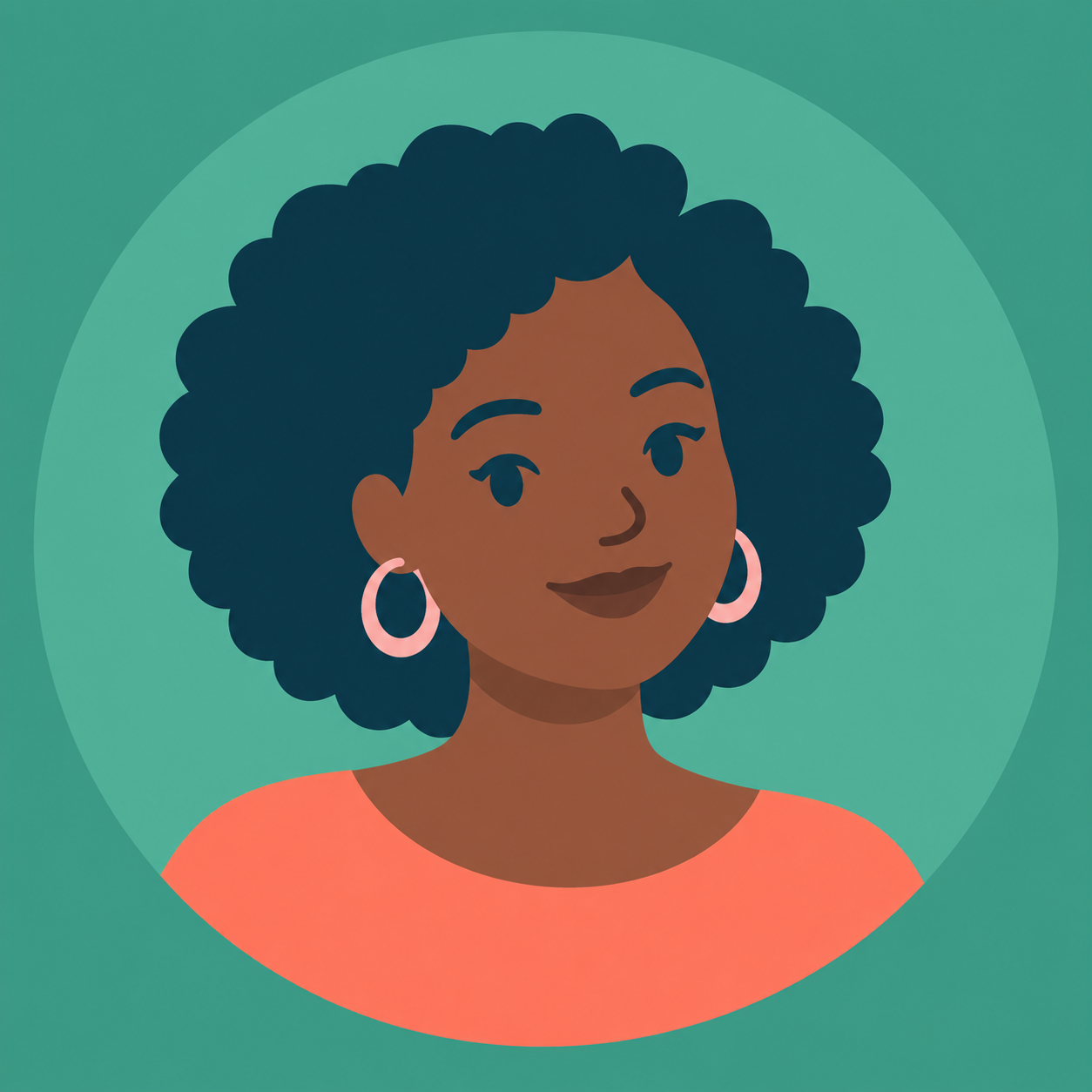 Digital illustration of a woman with dark skin and curly hair, wearing earrings and a peach-colored top, smiling against a green background.