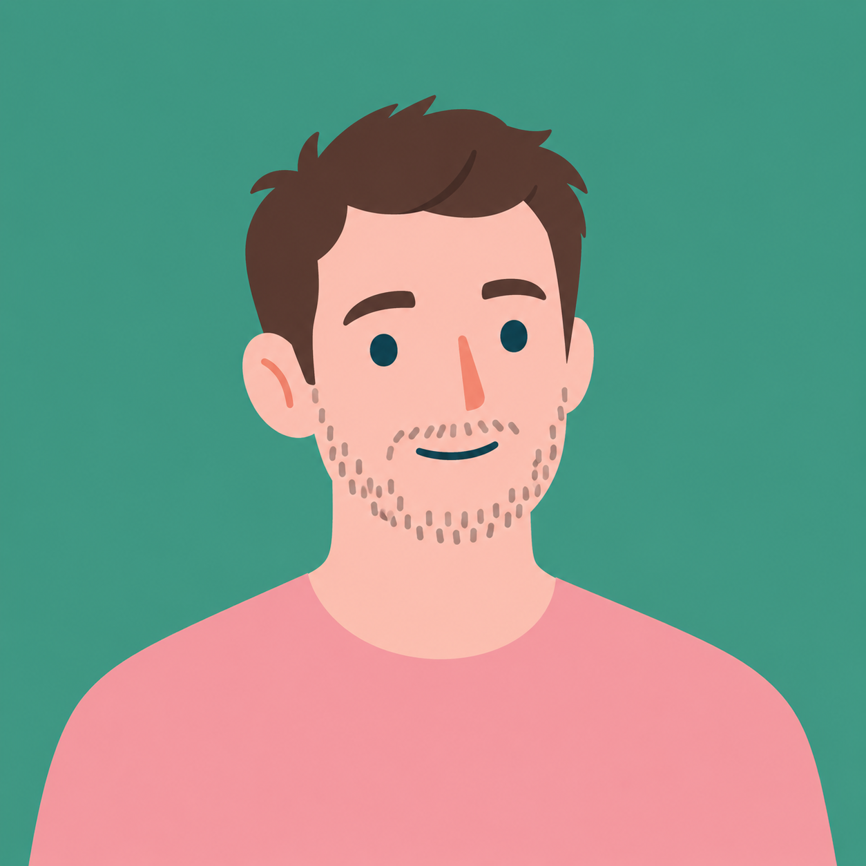 Illustration of a man with brown hair, a beard, and wearing a pink shirt, set against a green background.