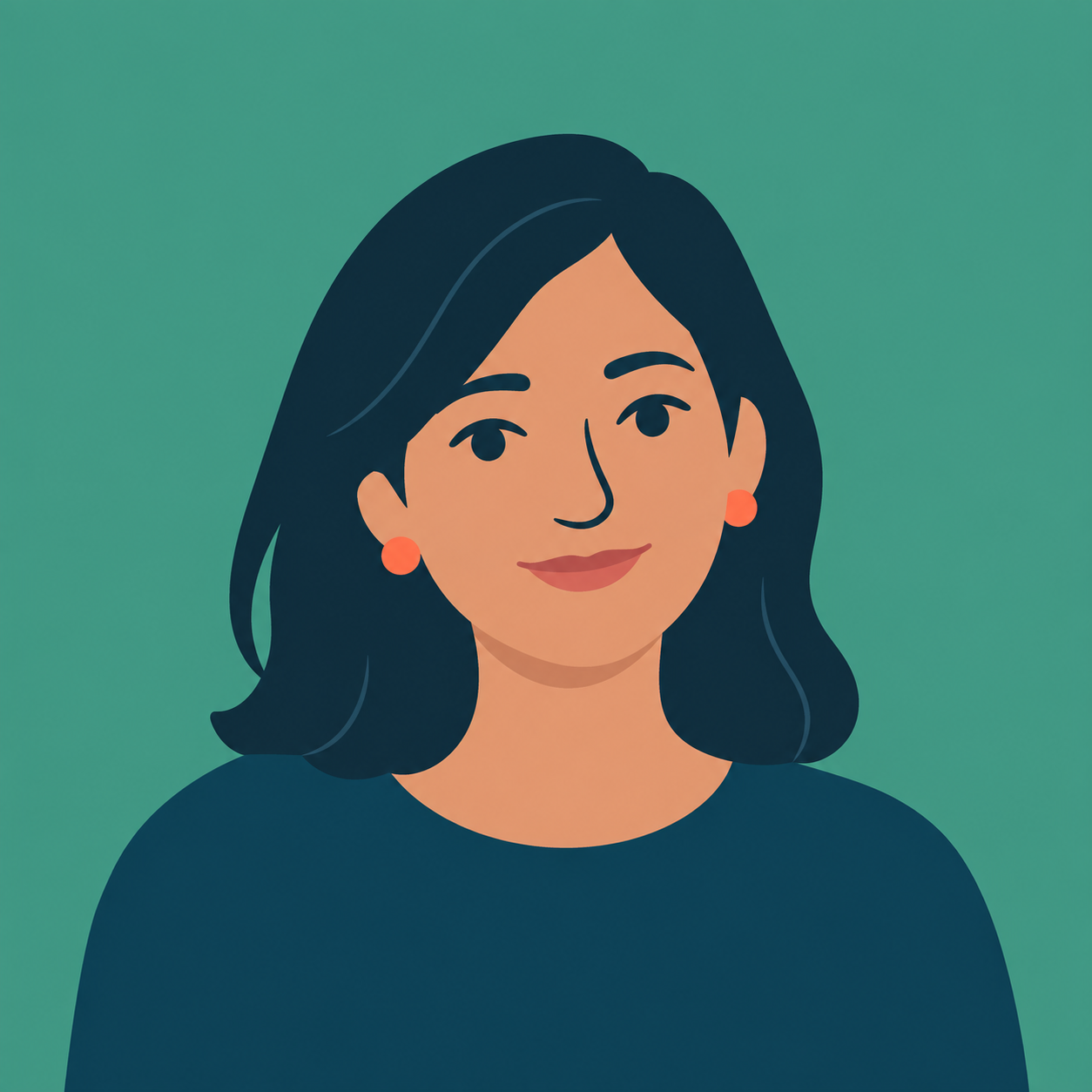 Digital illustration of a woman with dark hair, wearing orange earrings, and a dark top, against a green background.