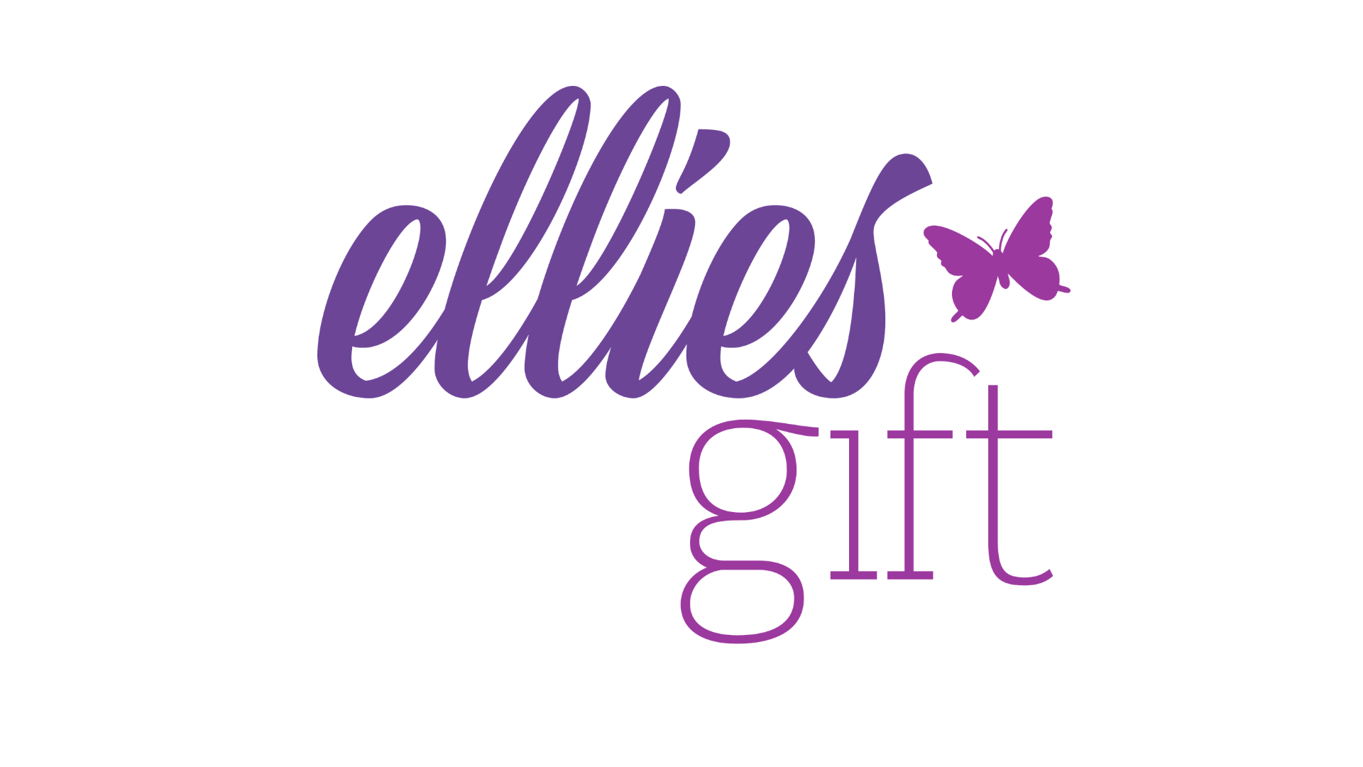Decorative text with the words "ellies gift" in purple cursive with a butterfly above the the "i" in "ellies".