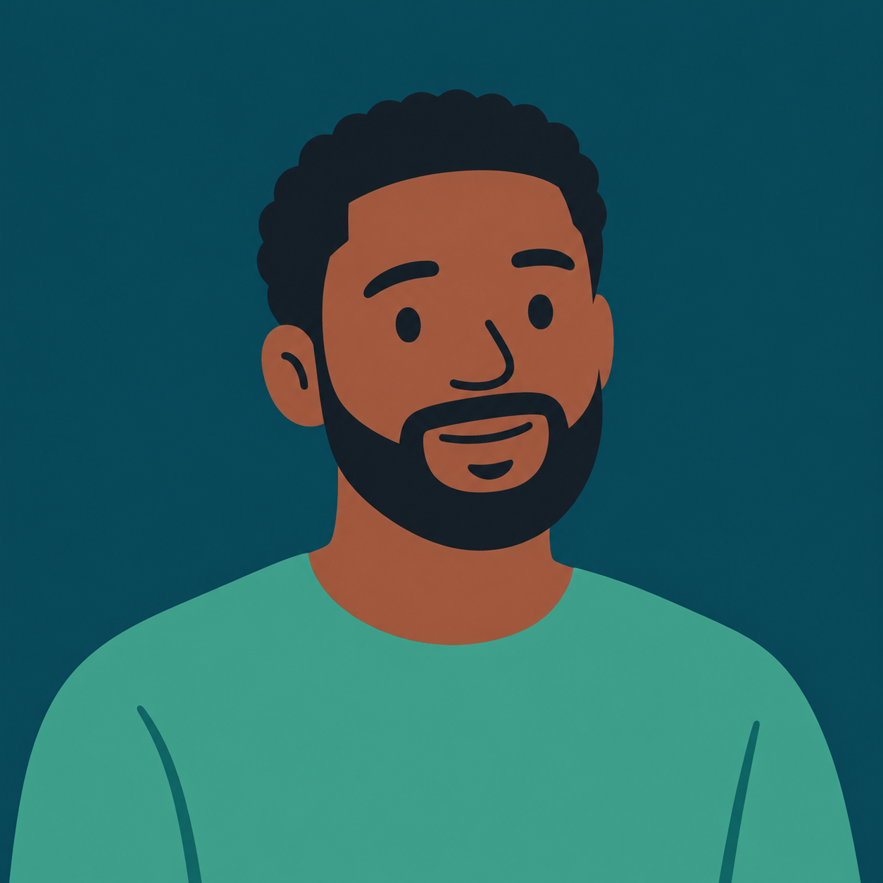 Digital illustration of a smiling man with dark hair, a beard, wearing a light blue shirt, against a dark background.