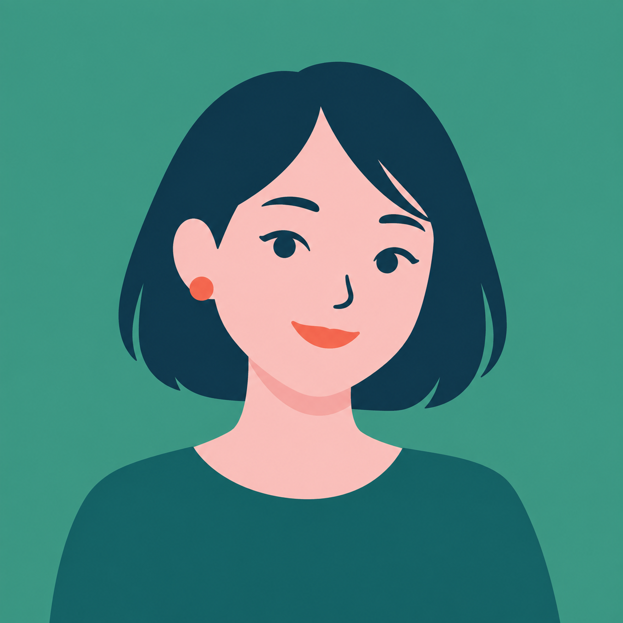 Digital illustration of a woman with shoulder-length black hair, wearing a black top and orange earrings, smiling against a green background.