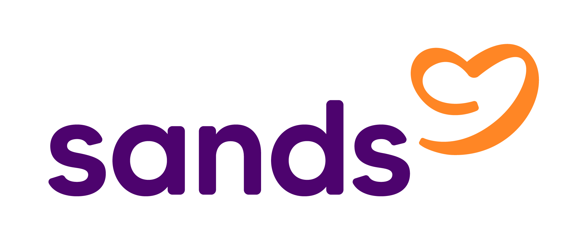 Sands logo with the word 'sands' in purple lowercase letters and an orange stylized heart shape to the right.