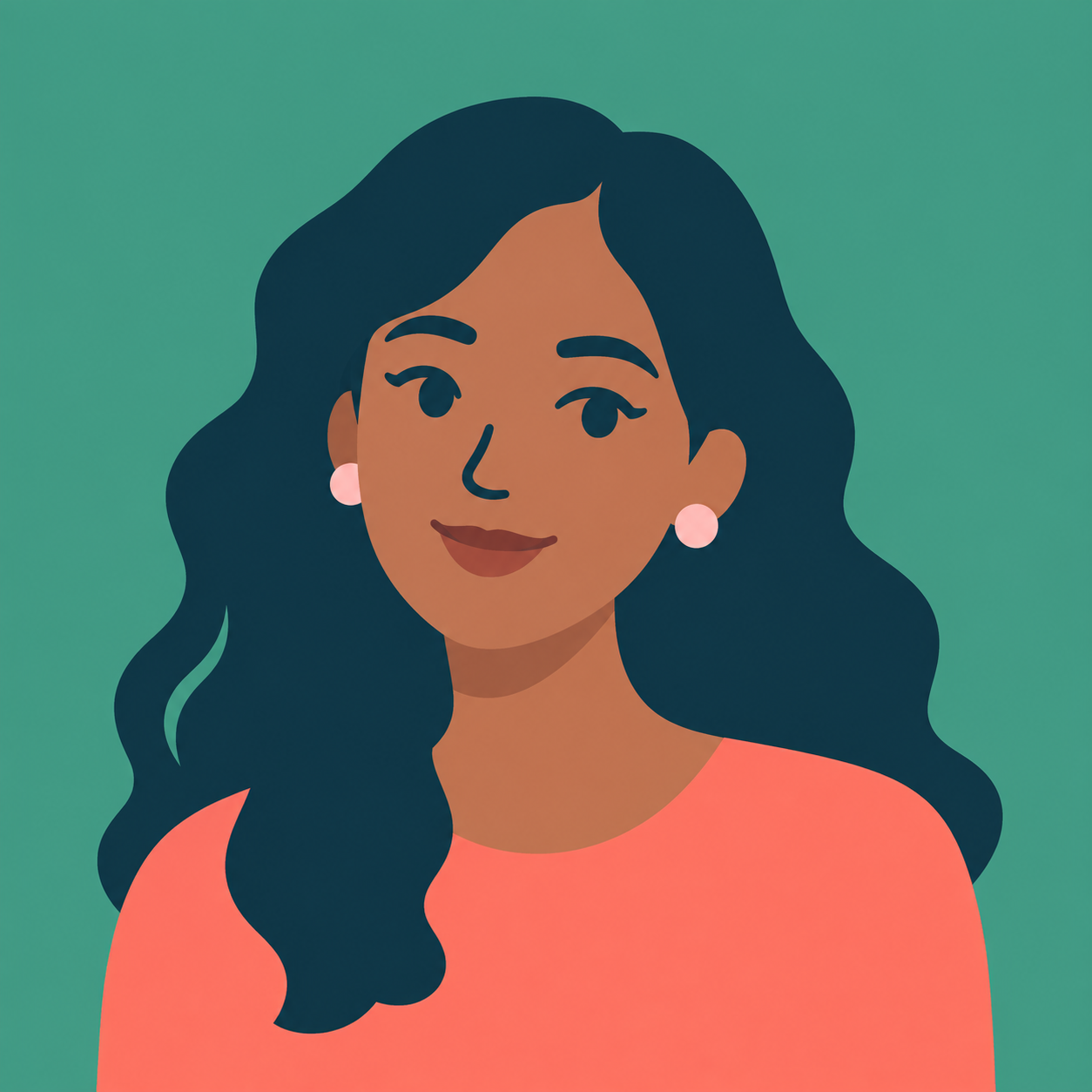 Digital illustration of a woman with dark wavy hair, wearing pink earrings and a peach-colored top, against a green background.