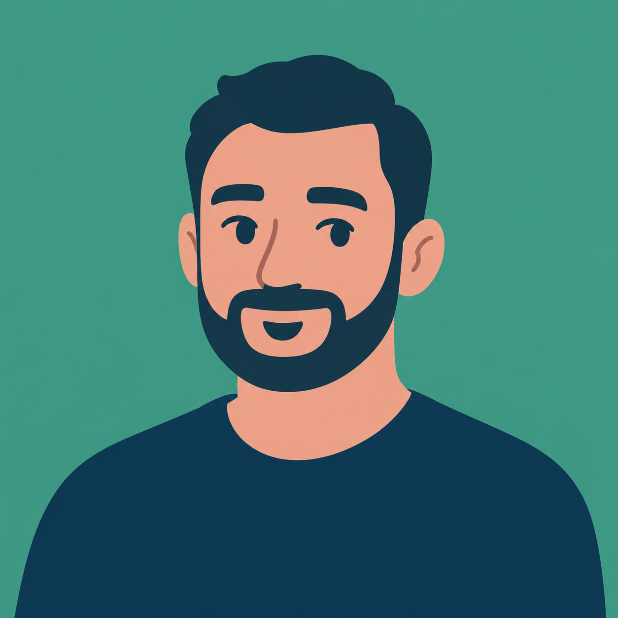Digital illustration of a smiling man with dark hair, beard, and mustache wearing a dark shirt against a green background.