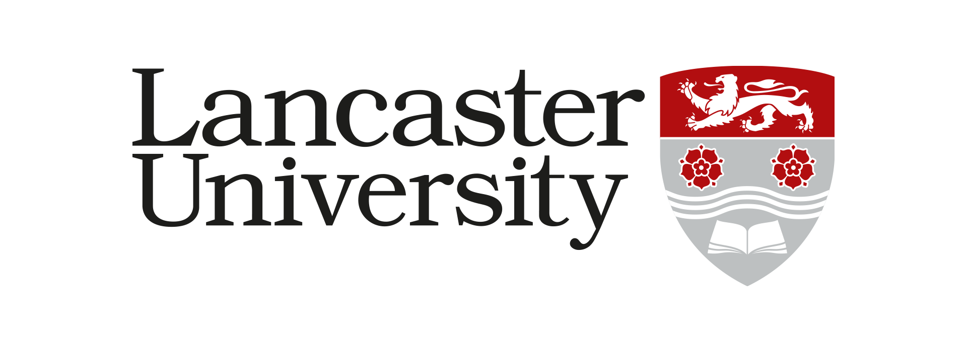 Lancaster University logo featuring a crest with a lion, flowers, and open book.