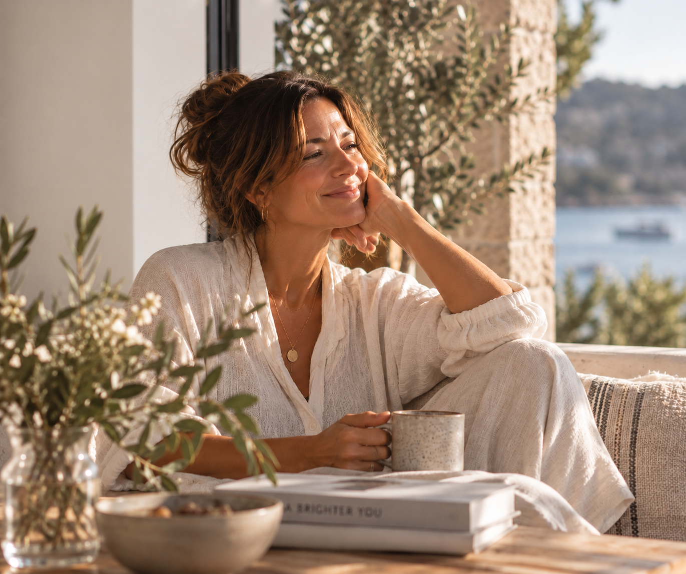 A woman reflecting on her own, looking truly happy.