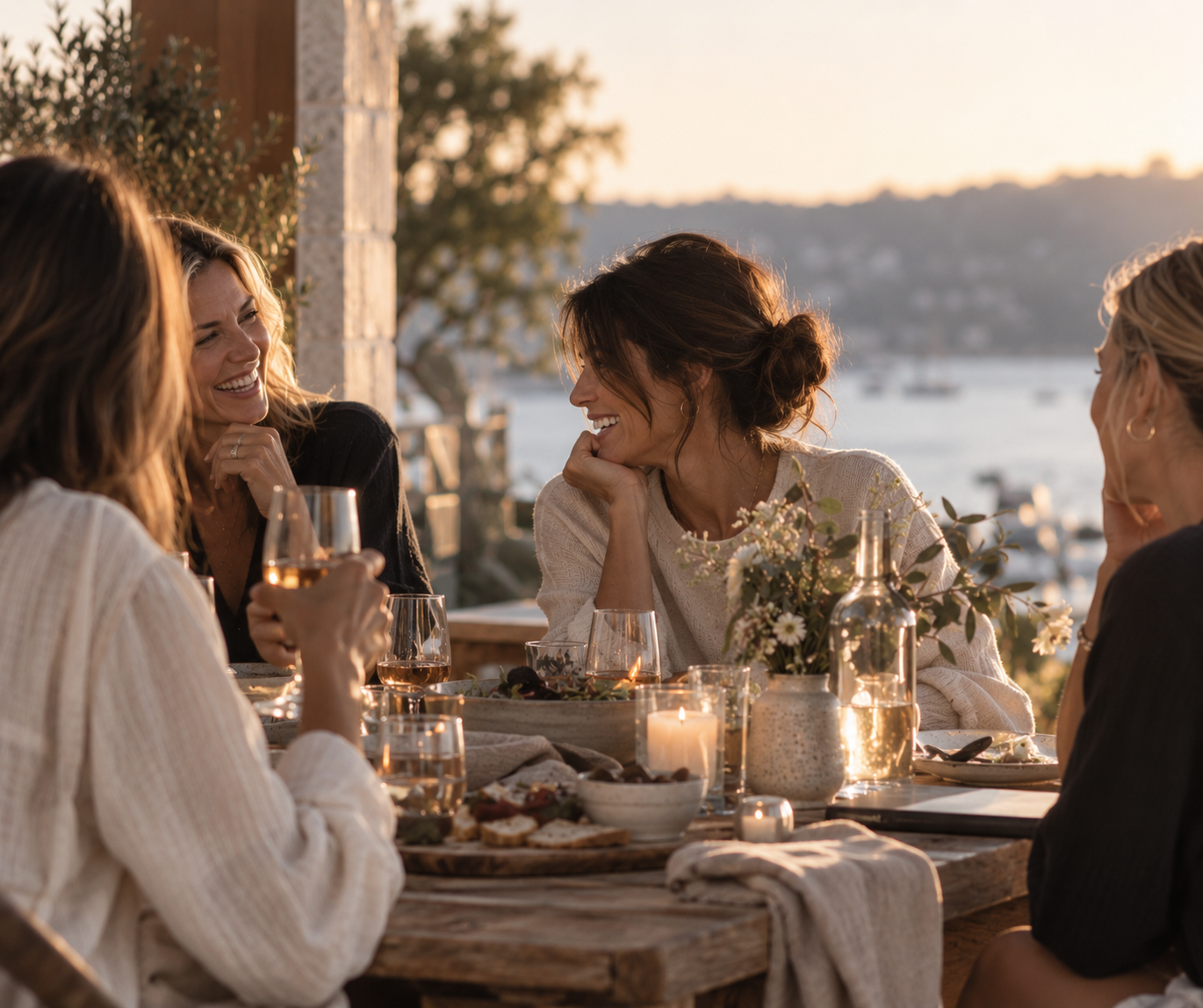 A group of women enjoying a dinner outdoors at sunset by the water, smiling and chatting.