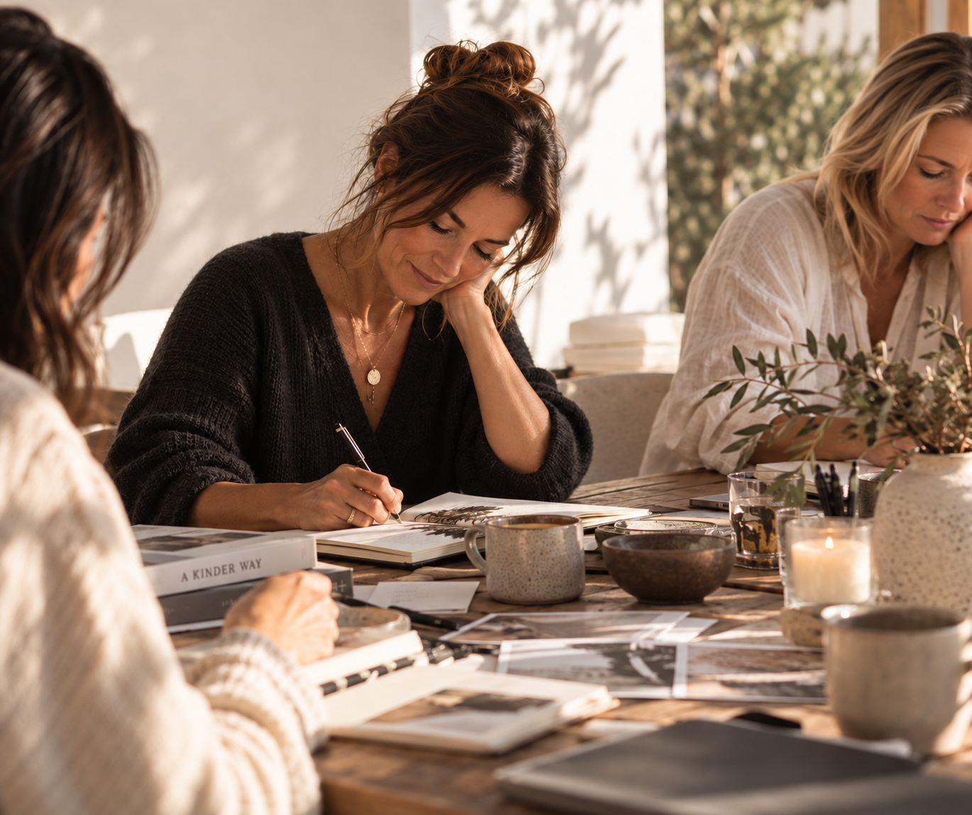 Women journalling together around a table during a workshop