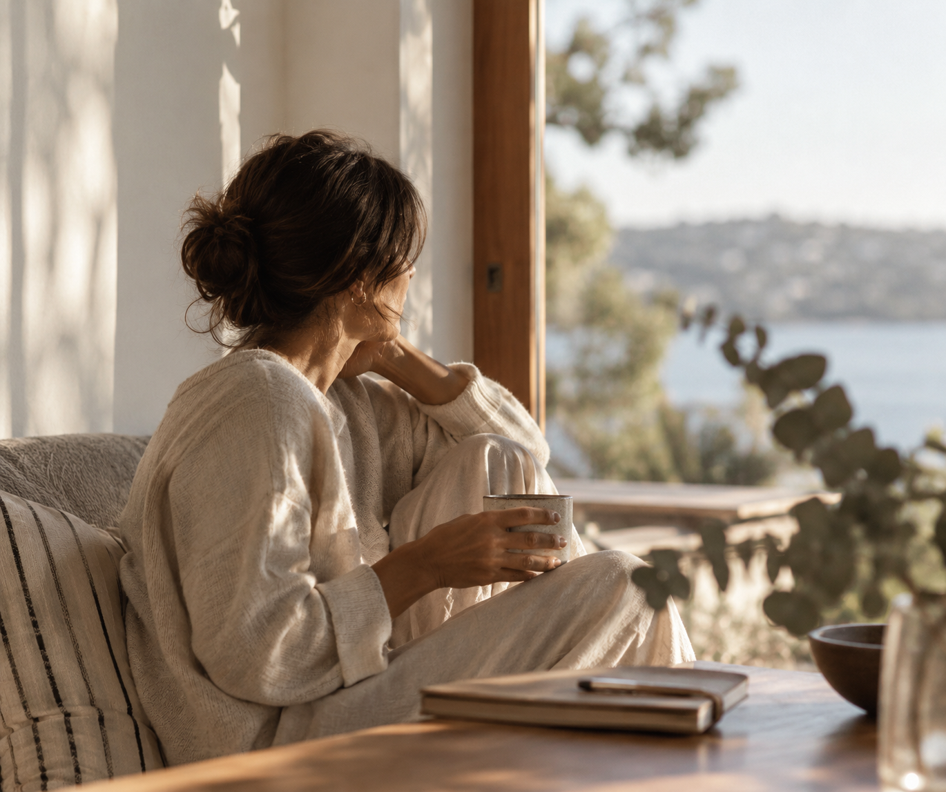 Woman sitting on a sofa near a window, looking out at a landscape with water and trees, in a cozy, well-lit room.