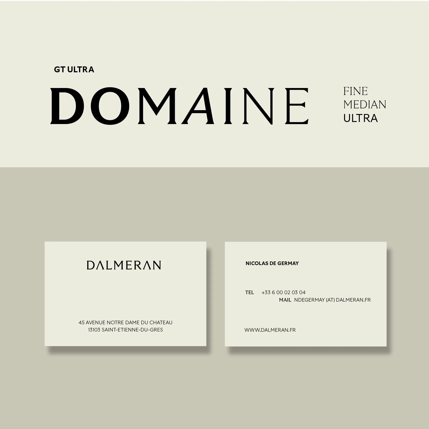 Typographie GT Ultra et papeterie du Domaine Dalmeran, cartes de visite crème avec logo Dalmeran