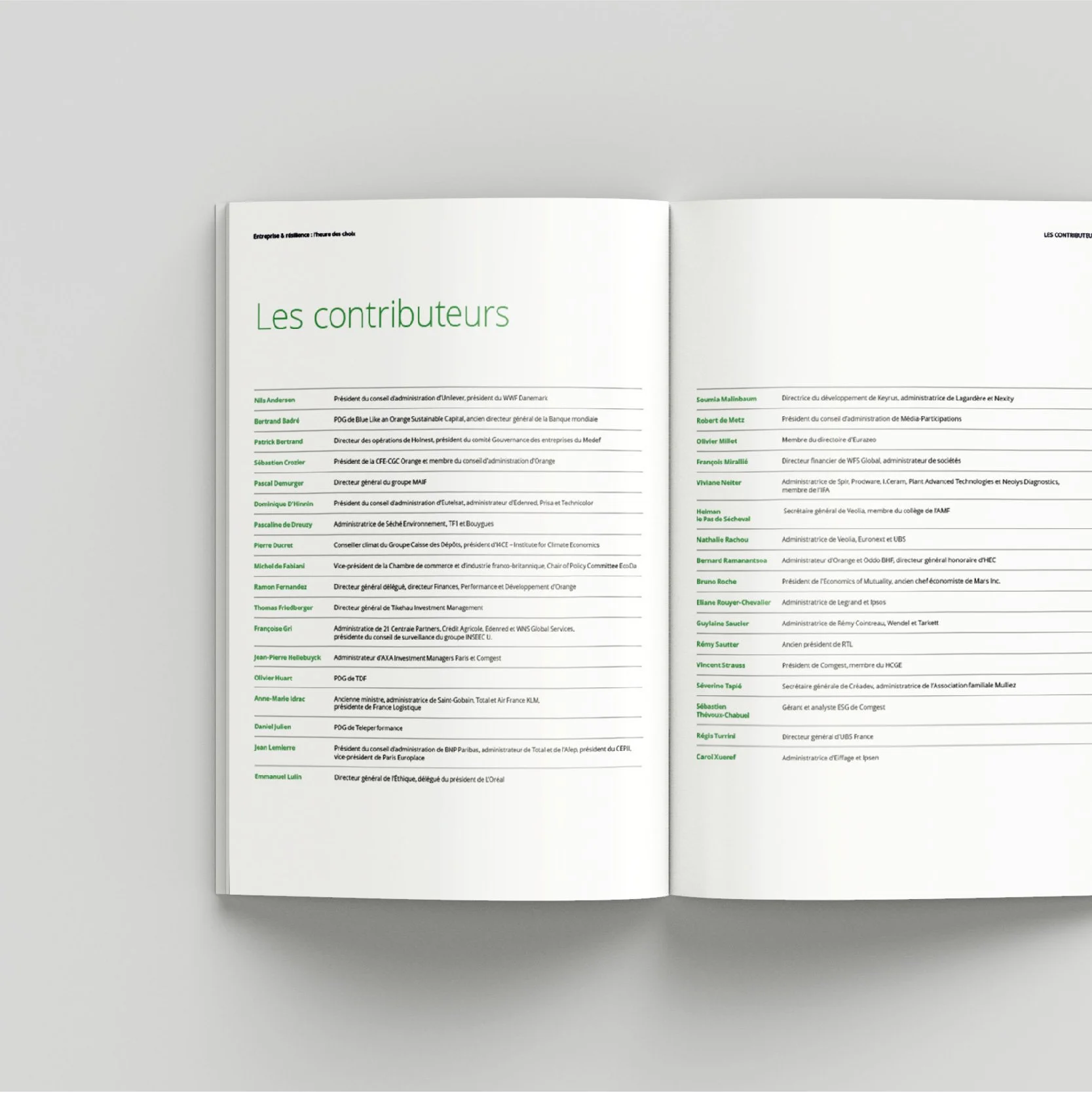 Pages « Les contributeurs » du livre blanc Deloitte, liste de dirigeants en deux colonnes, mise en page éditoriale sobre