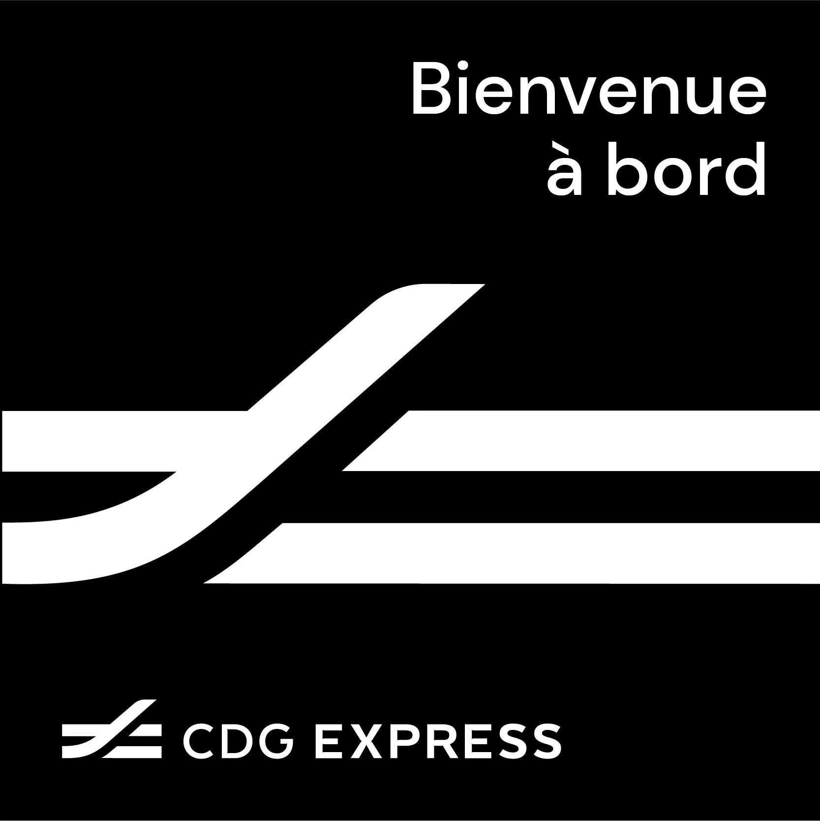 Signalétique « Bienvenue à bord » du CDG Express, double ligne blanche en courbe sur fond noir et logo de la ligne