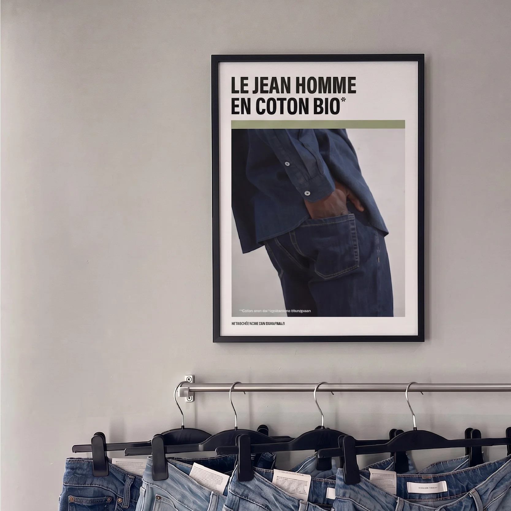 Affiche « Le jean homme en coton bio » au-dessus d'un portant, PLV mode Monoprix