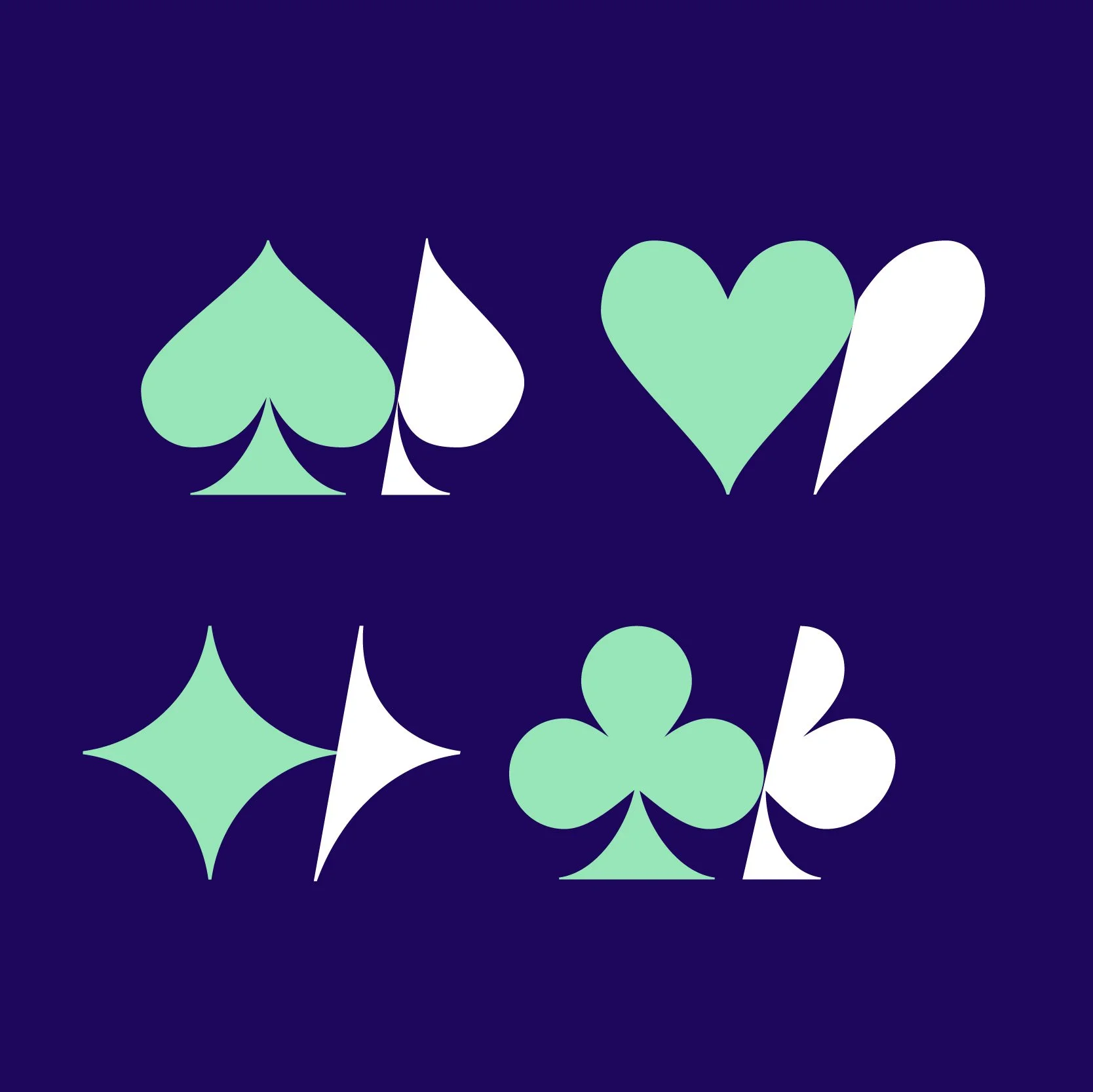 Motifs de formes de carte à jouer et de trèfle dans des couleurs vert clair et blanc sur un fond violet foncé.