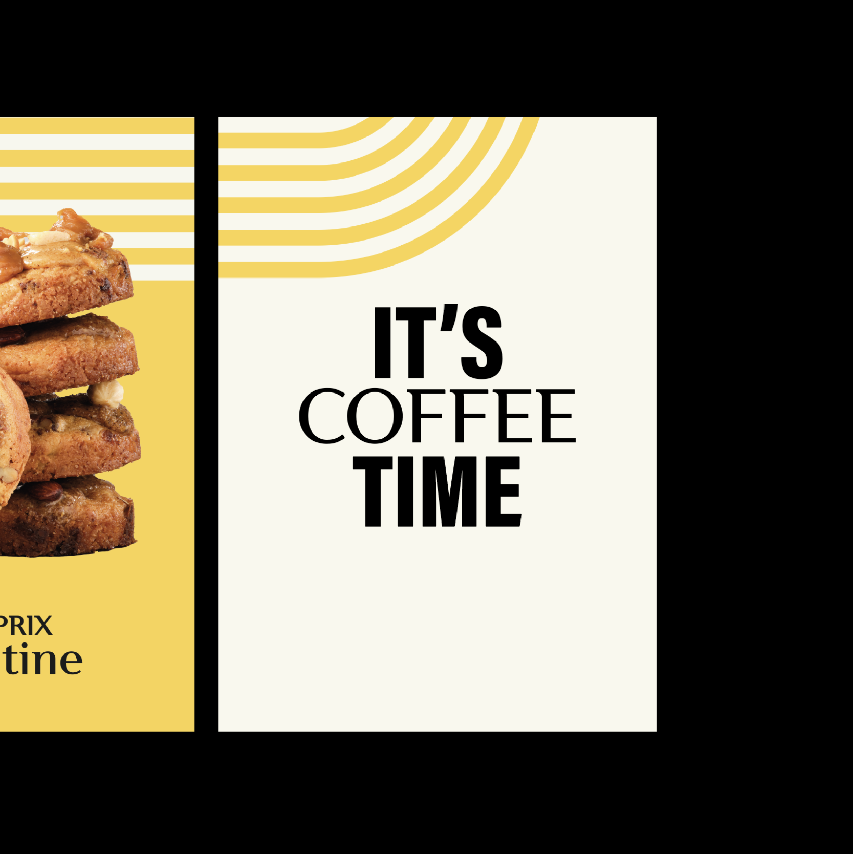 Trois affiches de la cantine Monoprix « Meet and eat », « It's coffee time » et cookies aux noix de pécan sur fond jaune