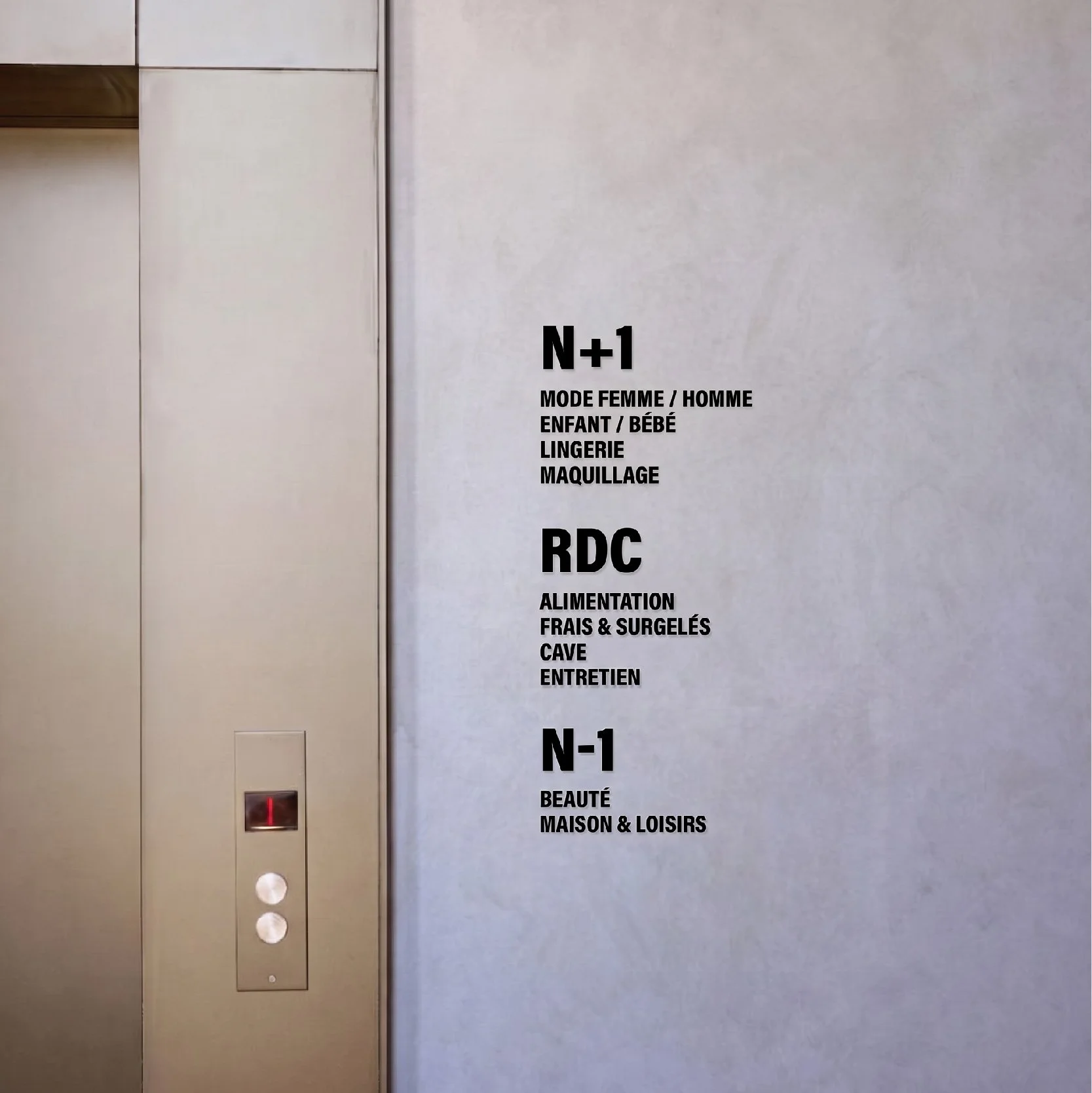 Signalétique d'étages Monoprix sur mur en béton, liste des rayons par niveau : N+1, RDC et N-1