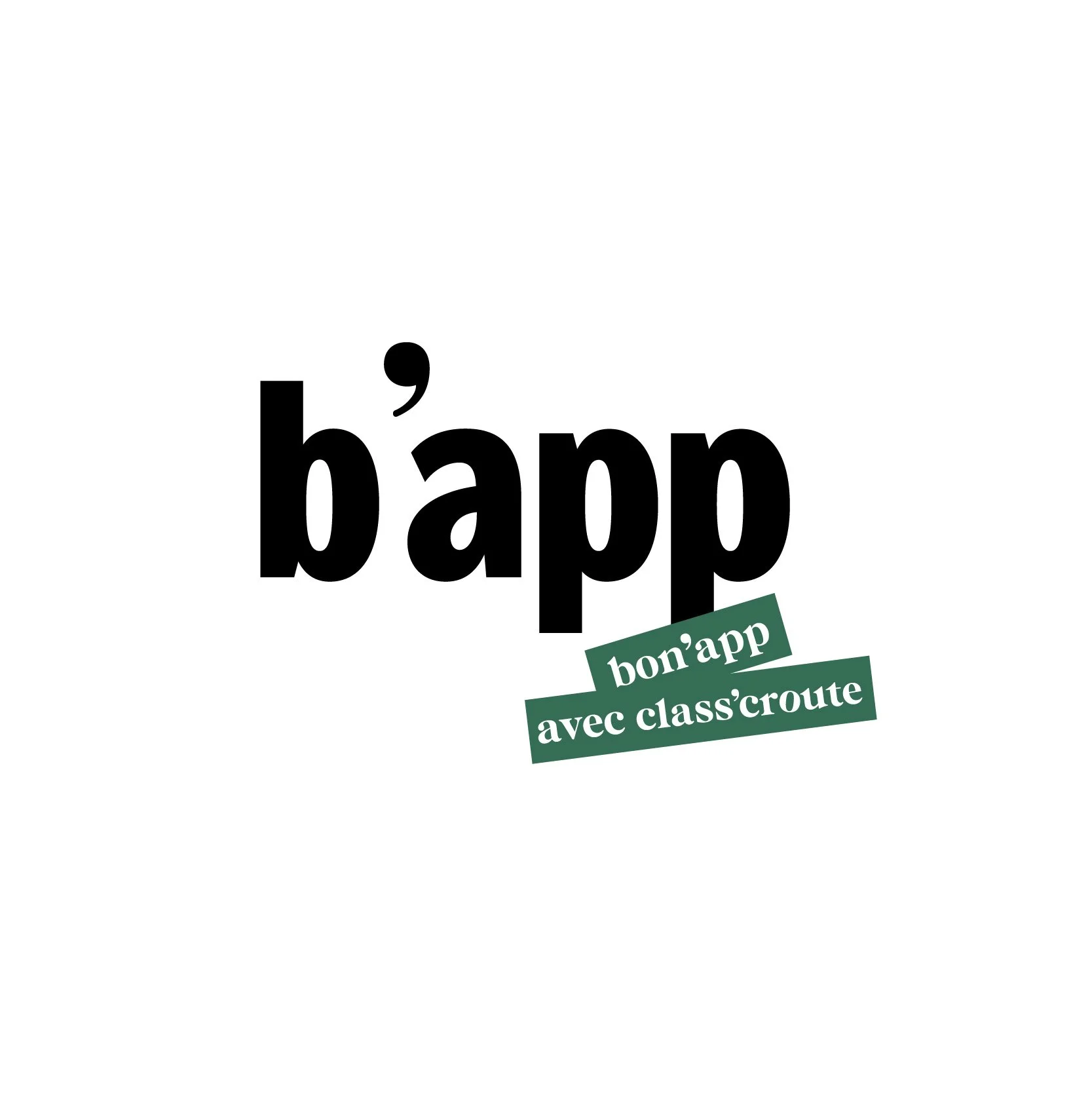 Logo b'app « bon'app avec class'croute » en noir avec étiquette verte sur fond blanc, identité visuelle