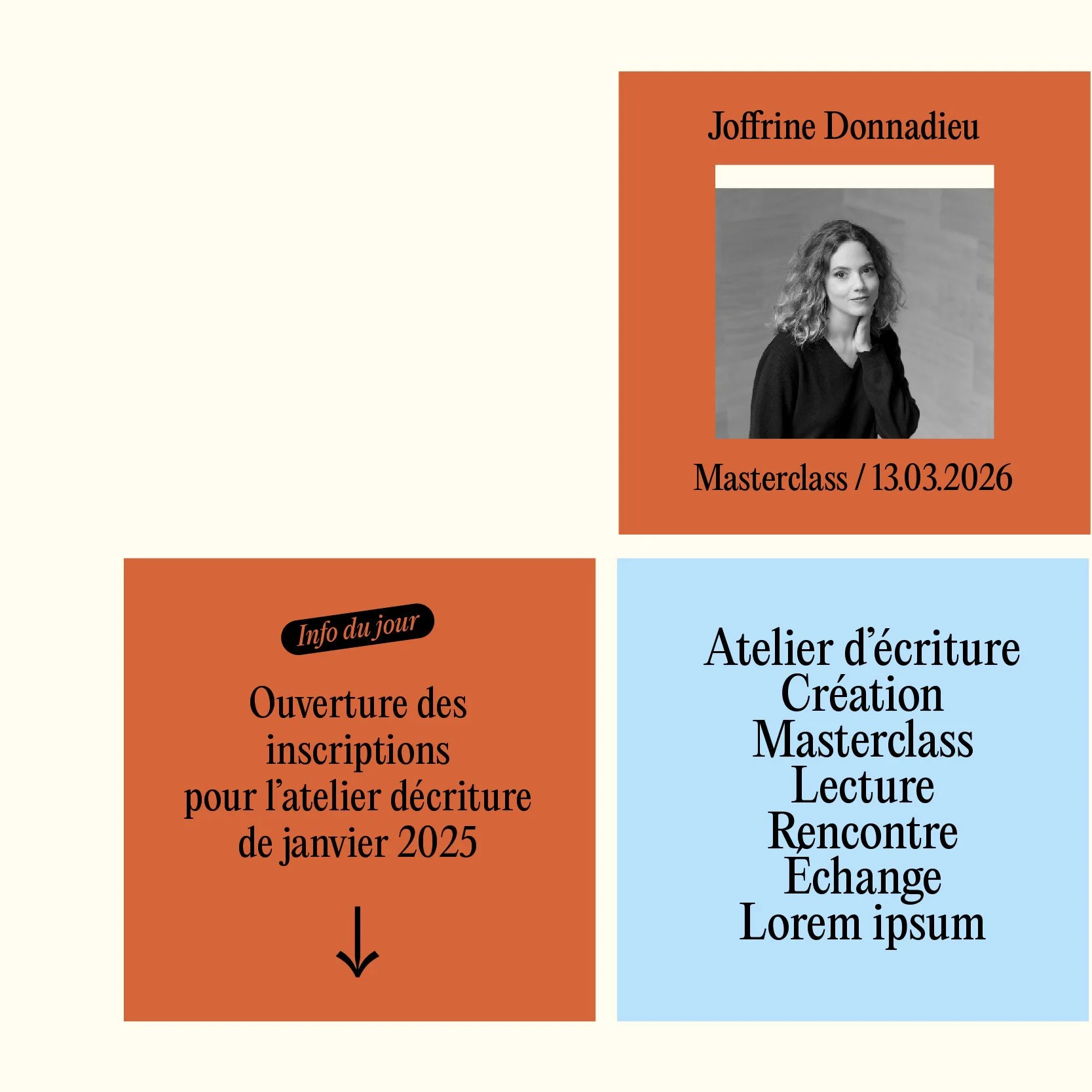Publications réseaux sociaux Écrire à Arles : annonce de masterclass, « Info du jour » sur l'ouverture des inscriptions, mise en page orange, bleu ciel et crème