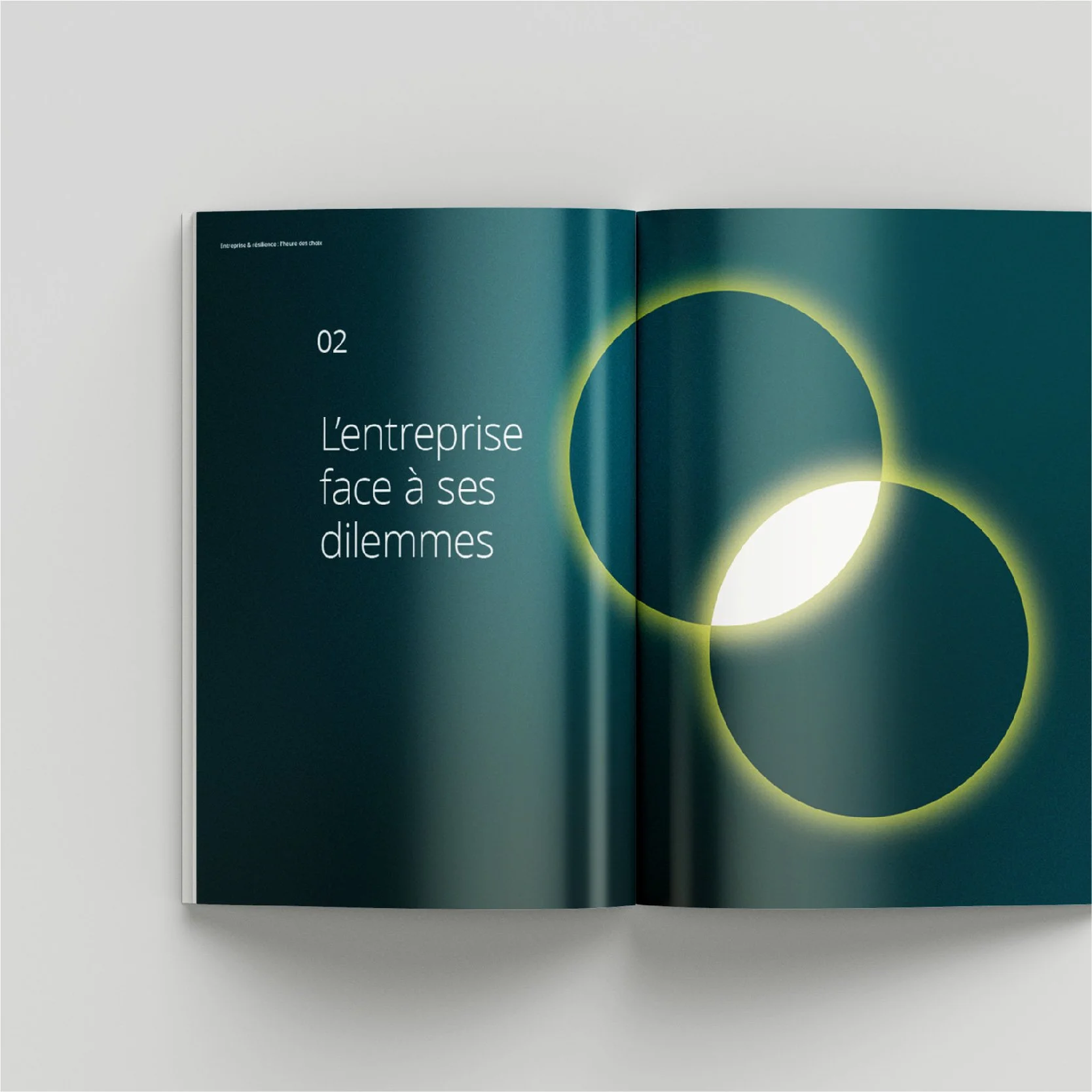 Double page d'ouverture du chapitre 02 « L'entreprise face à ses dilemmes », cercles lumineux jaune-vert sur fond bleu sombre
