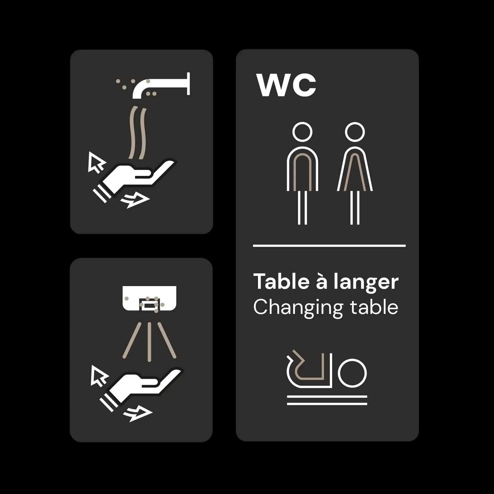 Pictogrammes des sanitaires du CDG Express : lavabo, sèche-mains, WC et table à langer, signalétique bilingue
