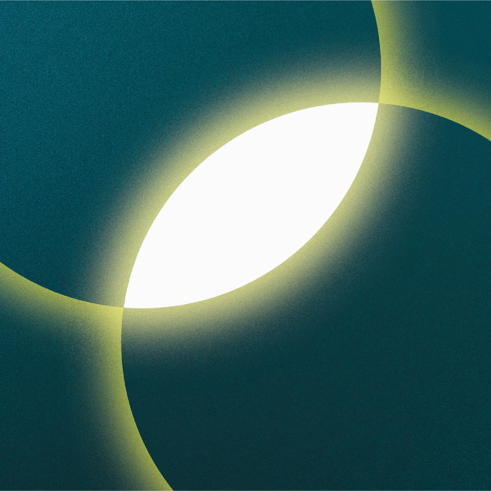 Illustration abstraite en cercles sécants avec lumière blanche et halo jaune-vert sur fond bleu pétrole, livre blanc Deloitte