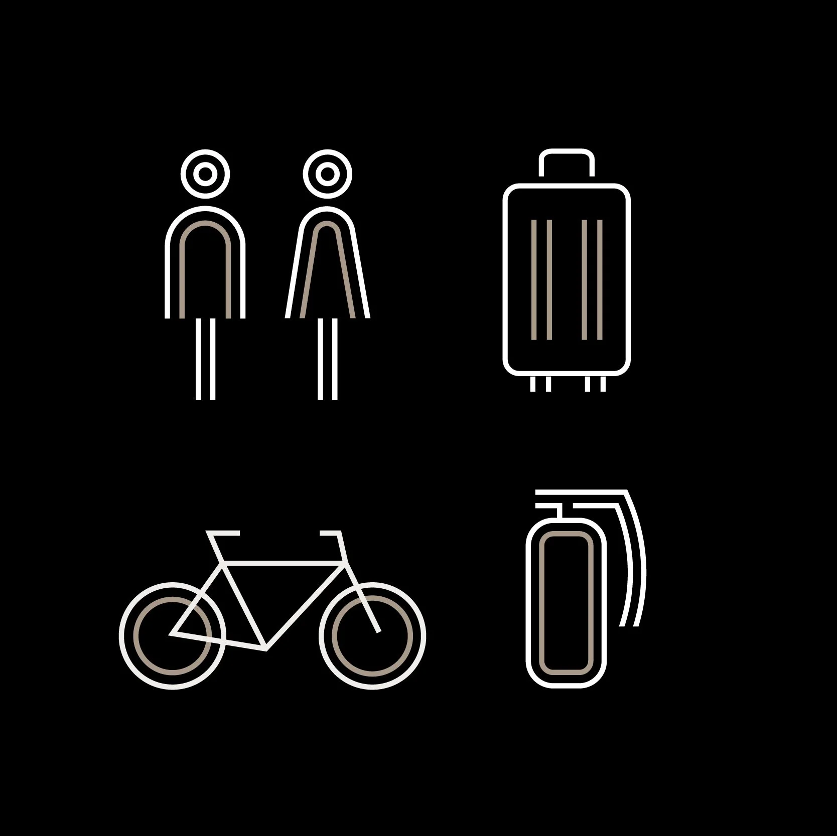 Pictogrammes CDG Express : toilettes femmes et hommes, valise, vélo et extincteur, traits en double ligne sur fond noir