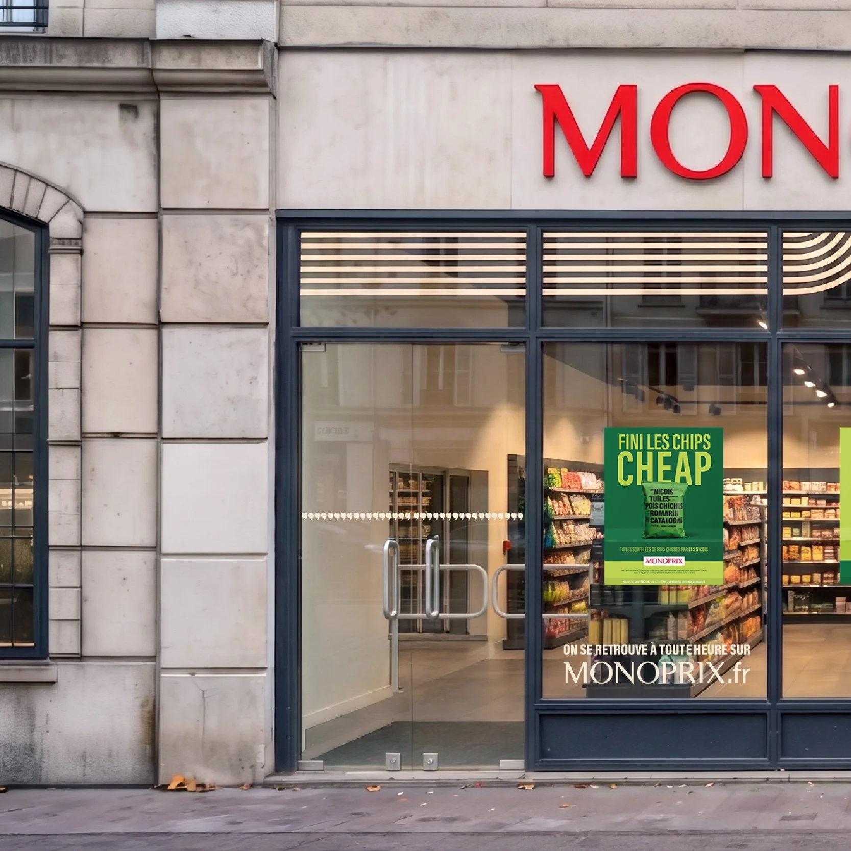 Vitrine d'une librairie Monoprix avec une affiche verte annonçant la vente de chips à prix bas, intérieure d'une boutique avec étagères pleines de produits, porte en verre