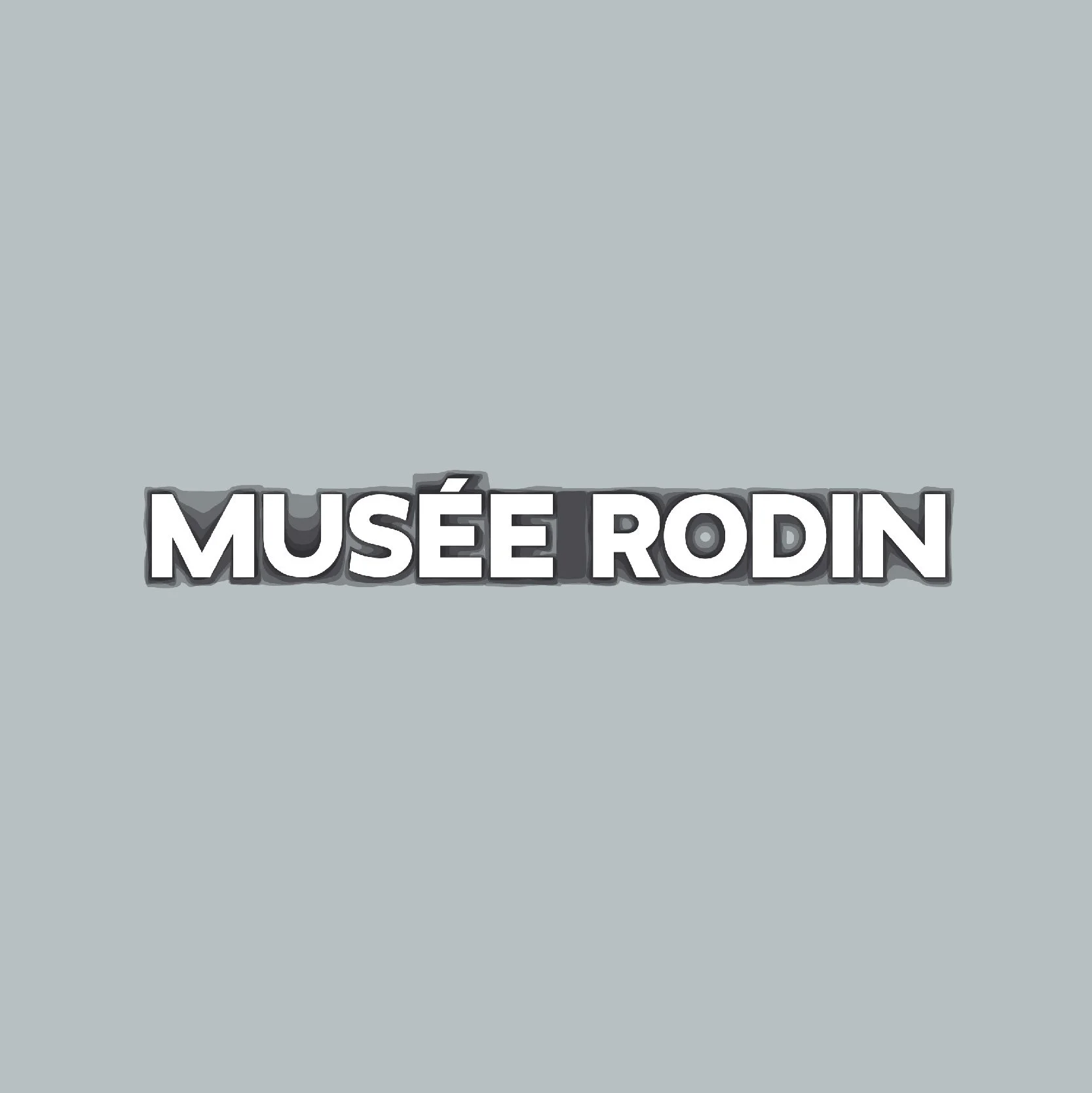 Titre « Musée Rodin » en lettres blanches à contour en relief sur fond gris-bleu, typographie de la signalétique pour la réouverture du musée