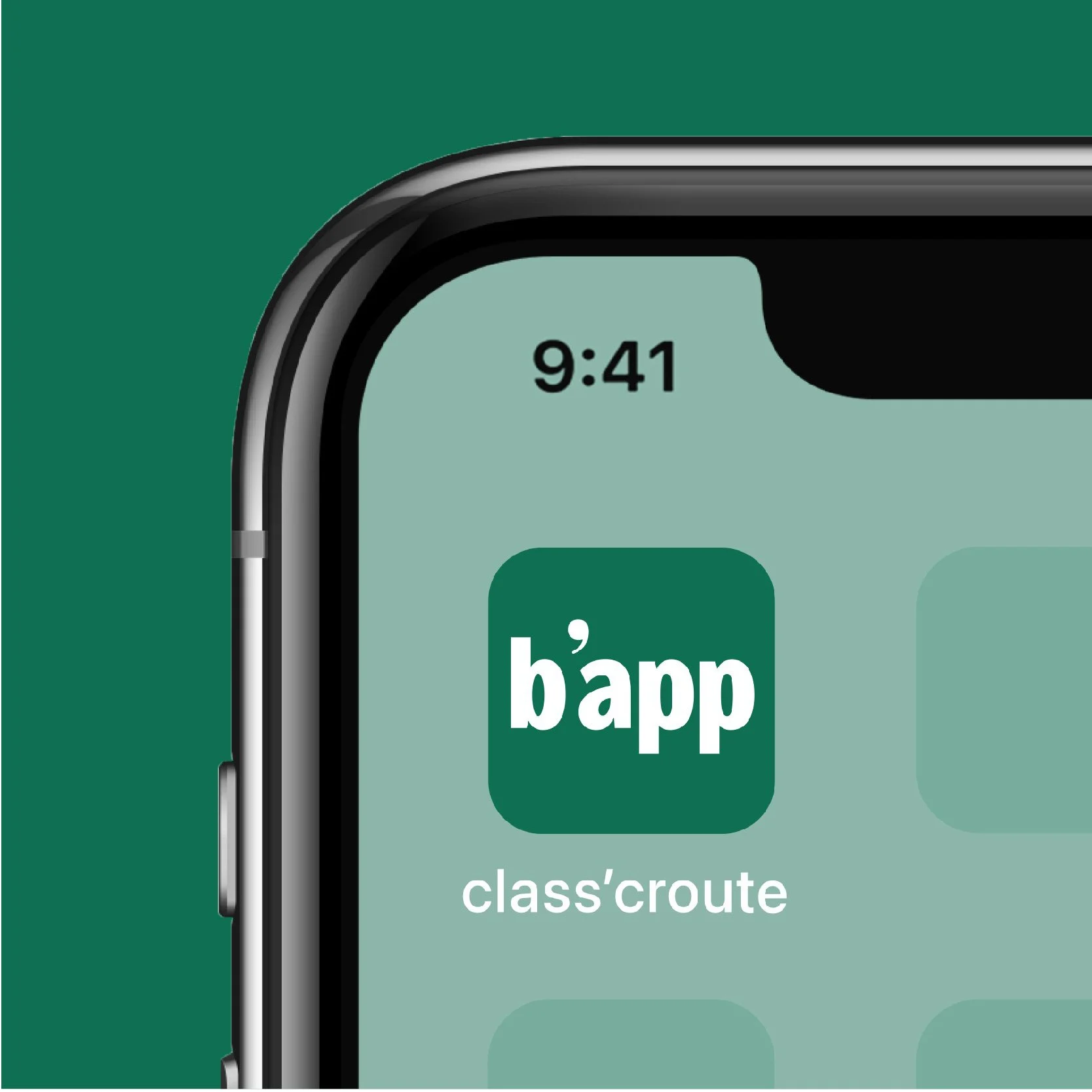 Icône de l'application b'app sur l'écran d'un smartphone, fond vert, mention « class'croute »