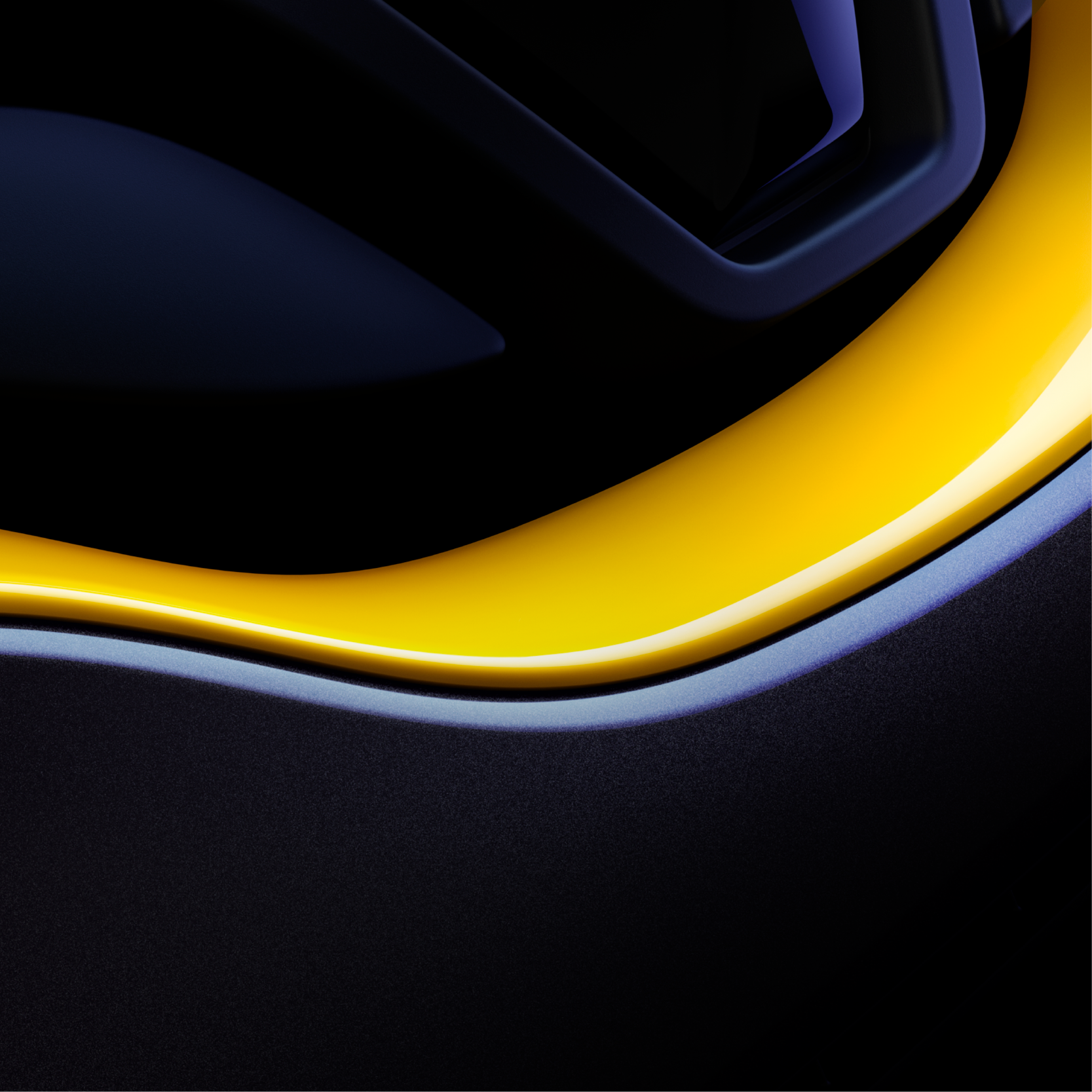 Zoom sur les surfaces en noir, bleu et jaune formant une composition abstraite.